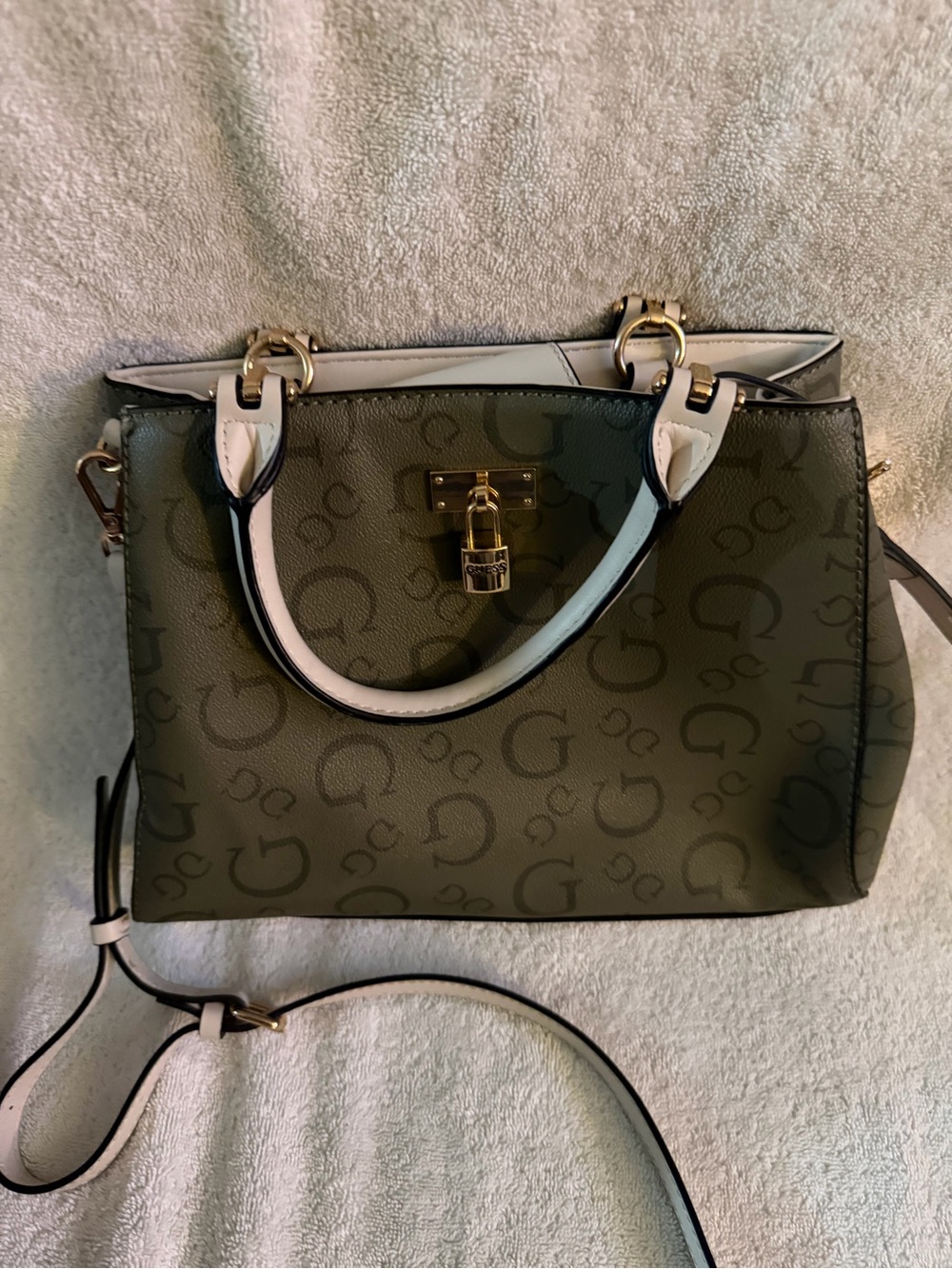 Guess Olive Green Satchel with White Trim and Gold Hardware
